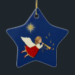 Trumpet Angel Ceramic Ornament<br><div class="desc">Night sky with stars shining in background. Angel with golden trumpet and music notes</div>