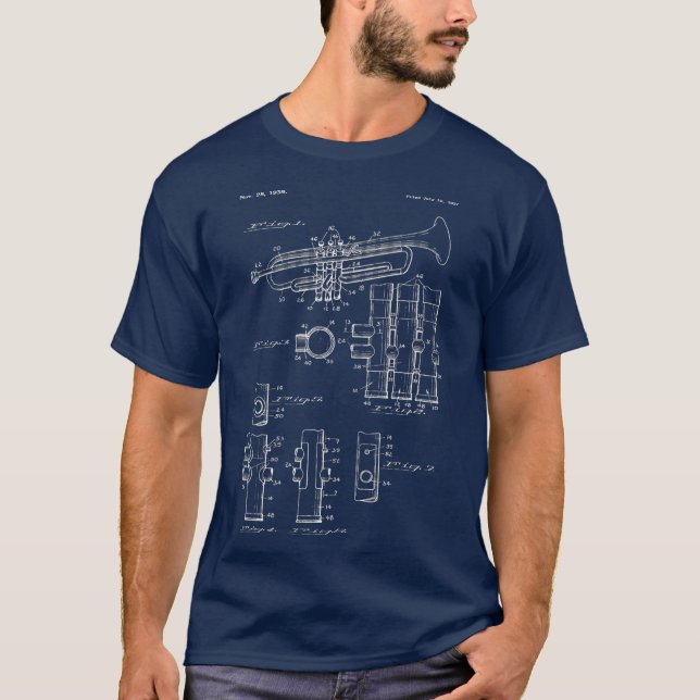 Trumpet Blueprint Design   Vintage Jazz Marching T-Shirt (Front)