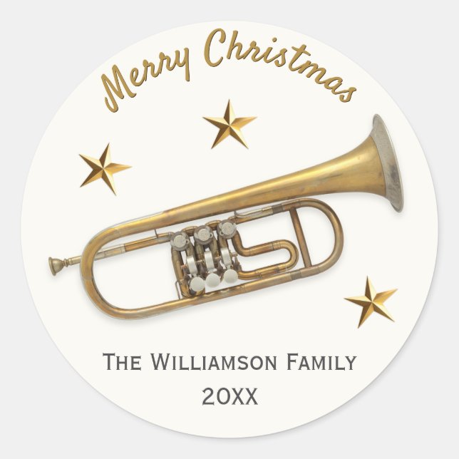 Trumpet Merry Christmas Music Personalized Classic Round Sticker (Front)
