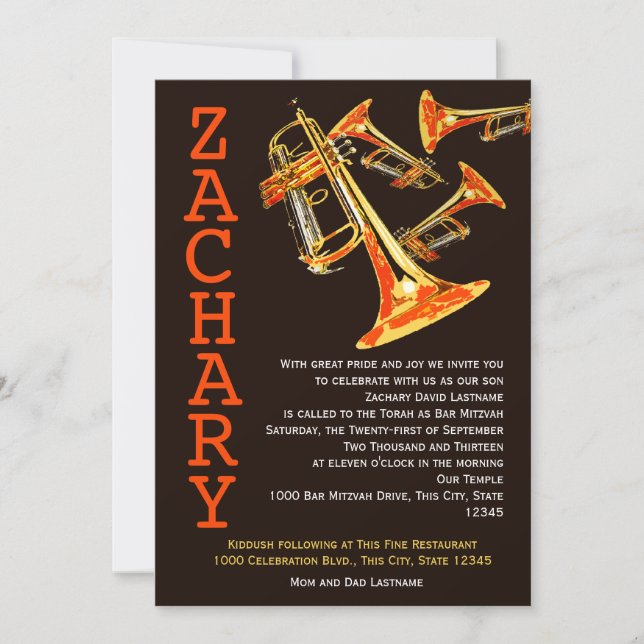 Trumpet Music Bar Mitzvah Invitation (Front)