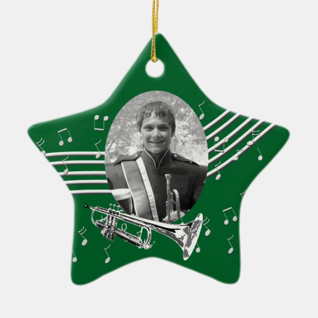 Trumpet Music Green Star Ceramic Ornament (Front)