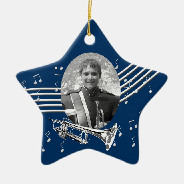 Trumpet Music Star Blue Ceramic Ornament (Front)