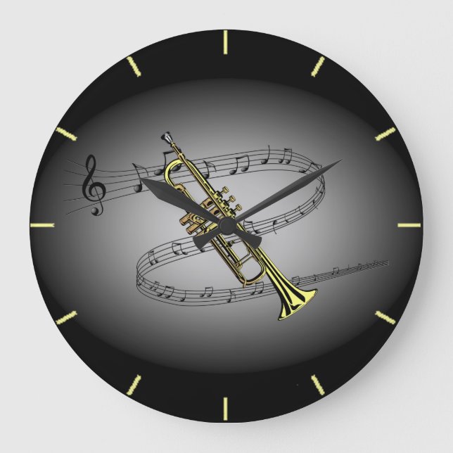 Trumpet Musical Scale ~ Black ~ Grey Background Large Clock (Front)