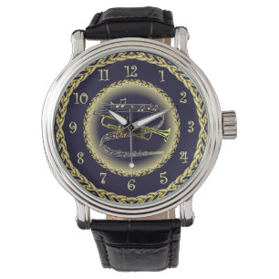 Trumpet ~ Musical Scroll ~ Gold/Navy Blue ~ Watch