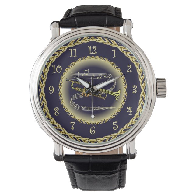 Trumpet ~ Musical Scroll ~ Gold/Navy Blue ~  Watch (Front)