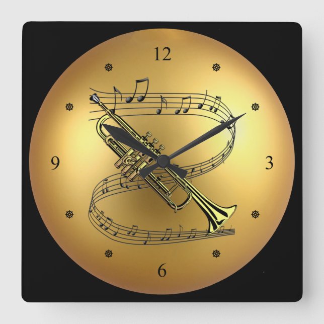 Trumpet~Musical Scroll~ Golden Globe Background ~ Square Wall Clock (Front)