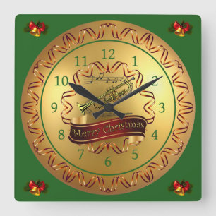 Trumpet ~ Musical Scroll ~ “Merry Christmas” Square Wall Clock