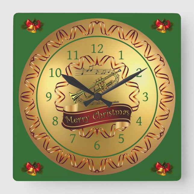 Trumpet ~ Musical Scroll ~ “Merry Christmas”  Square Wall Clock (Front)
