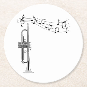 Trumpet Musician With Music Notes Round Paper Coaster