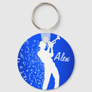 Trumpet Player  Blue & White Soaring Music Notes Keychain