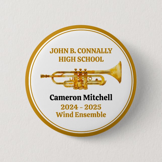 Trumpet Player High School Band Gold Personalized 2 Inch Round Button (Front)