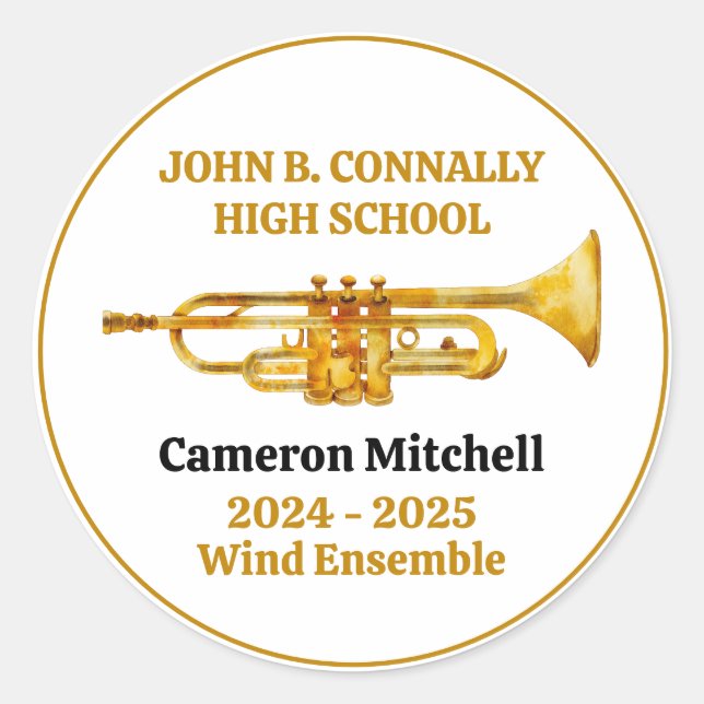 Trumpet Player High School Band Gold Personalized Classic Round Sticker (Front)