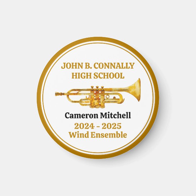 Trumpet Player High School Band Gold Personalized Magnet (Front)