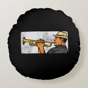 Trumpet Player Retro Trumpet Jazz Music Round Pillow