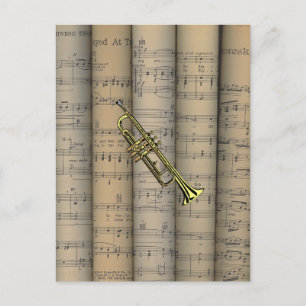 Trumpet ~ Rolled Sheet Music Background ~ Musical Postcard