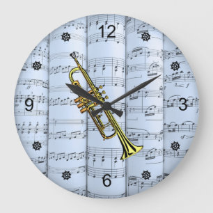 Trumpet~Rolled Sheet Music~Blue Tint Background ~  Large Clock