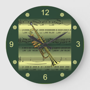 Trumpet~Rolled Sheet Music~Gold/Green Background~  Large Clock