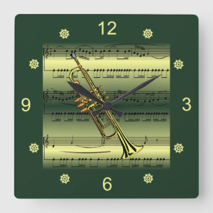 Trumpet~Rolled Sheet Music~Gold/Green Background~  Square Wall Clock