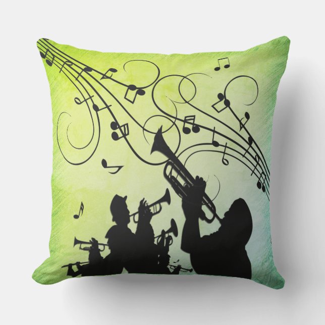 Trumpet Section Jazz Music Green Outdoor Pillow (Front)