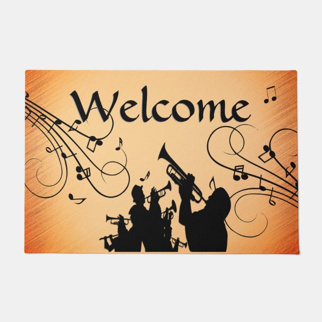 Trumpet Section Jazz Music Orange Rust Welcome Doormat (Front)