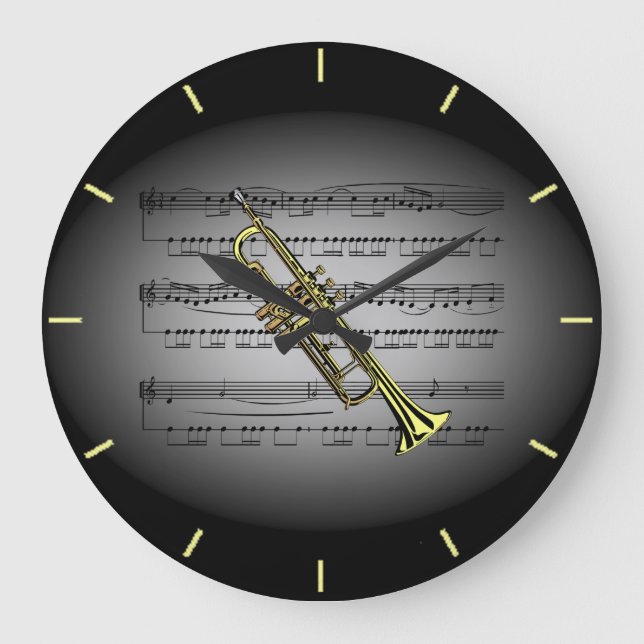 Trumpet ~Sheet Music ~ Black Grey Background Large Clock (Front)