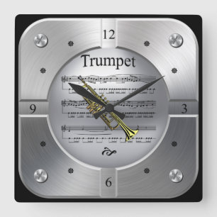 Trumpet ~ Sheet Music ~ Brushed Silver Color ~ Square Wall Clock