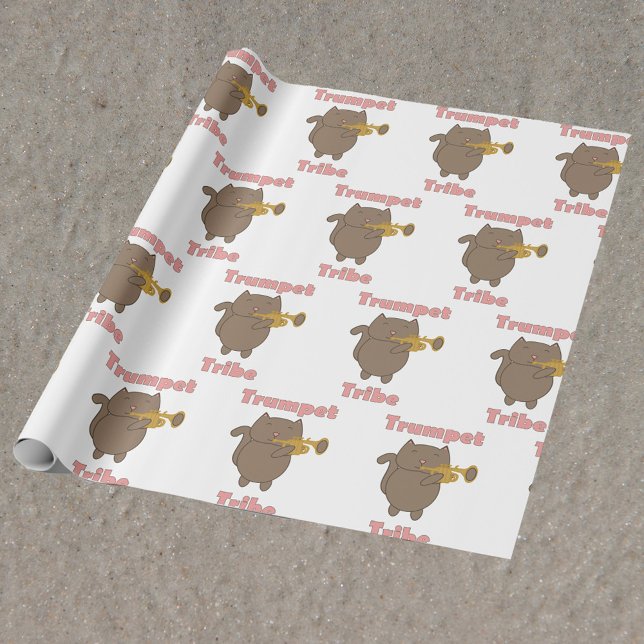 Trumpet Tribe Brown Cat Pink Wrapping Paper (Wrapping paper with a pattern featuring a cat playing the trumpet and the text trumpet tribe.)