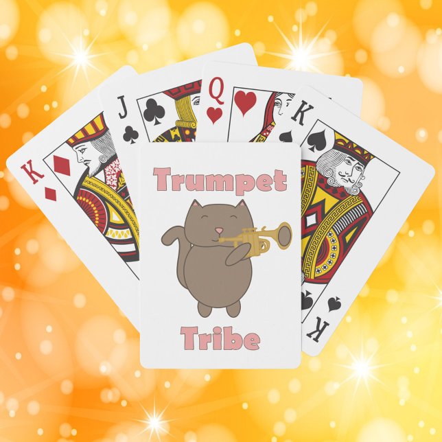 Trumpet Tribe Brown Cat Playing Cards (A deck of playing cards featuring a brown cat playing the trumpet with the words trumpet tribe.)