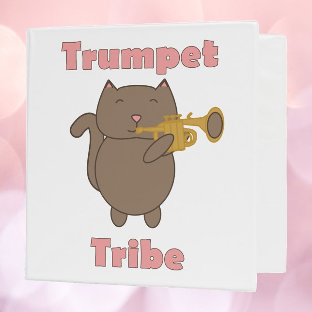 Trumpet Tribe Cat Funny Binder (A binder with a cat playing the trumpet and the words trumpet tribe in pink.)