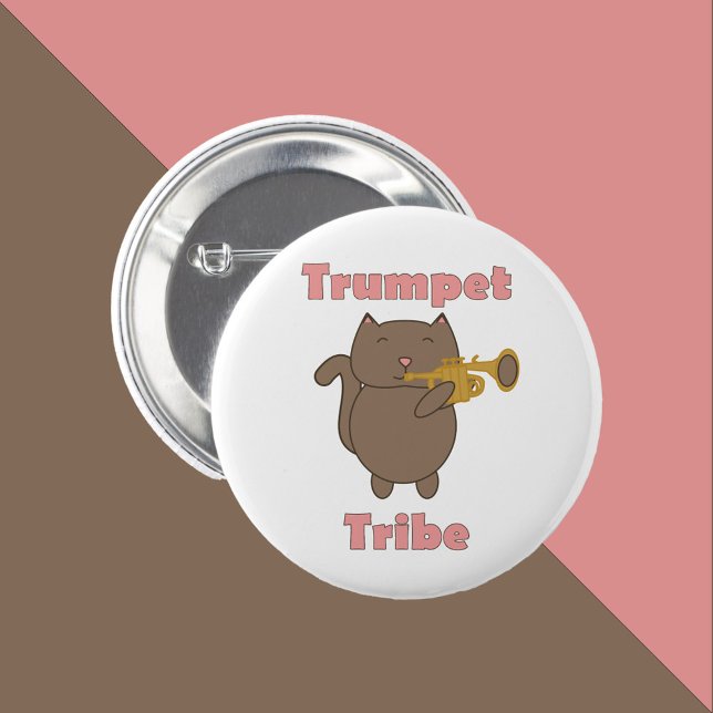 Trumpet Tribe Cat Funny Pink 2 Inch Round Button (A pin with a brown cat playing the trumpet and the words trumpet tribe in pink.)