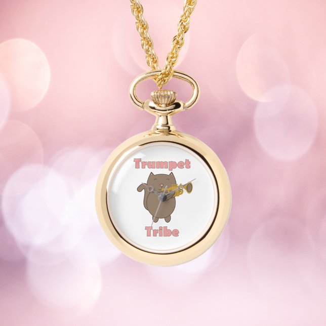 Trumpet Tribe Cat Pink Letters Watch (A watch necklace featuring a cat playing the trumpet and the words trumpet tribe.)