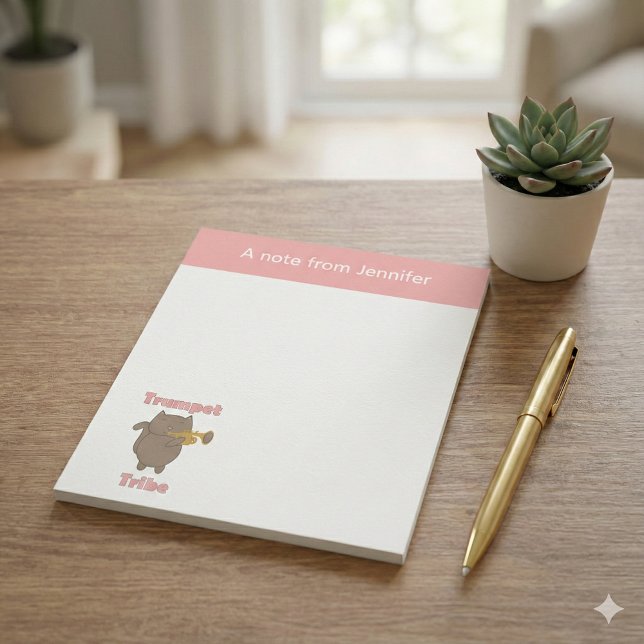 Trumpet Tribe Cute Cat Pink Personalize Notepad (A notepad featuring a brown cat and the words trumpet tribe in pink.)
