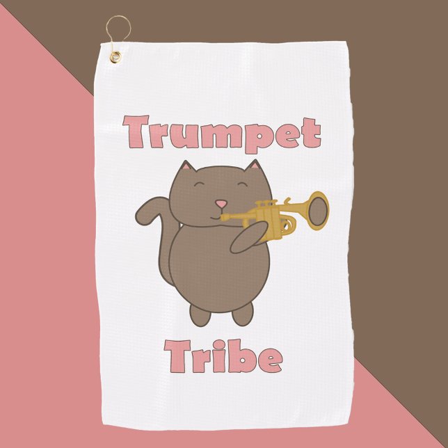 Trumpet Tribe Kawaii Cat Pink Golf Towel (A golf towel with a brown cat playing trumpet and the words trumpet tribe in pink.)
