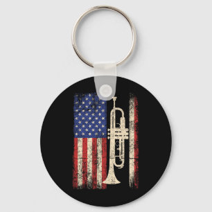 Trumpet Usa American Flag Shirt Jazz Music Vintage Keychain