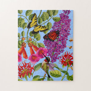 trumpet vine, butterfly bush, bee balm, bird jigsaw puzzle