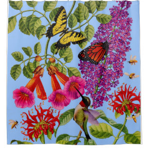 trumpet vine, butterfly bush, bee balm, cute bird