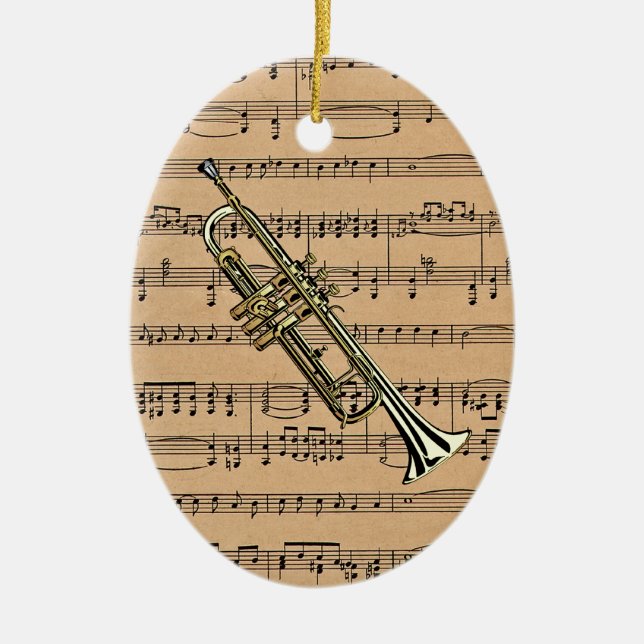 Trumpet With Sheet Music Background Ceramic Ornament (Front)