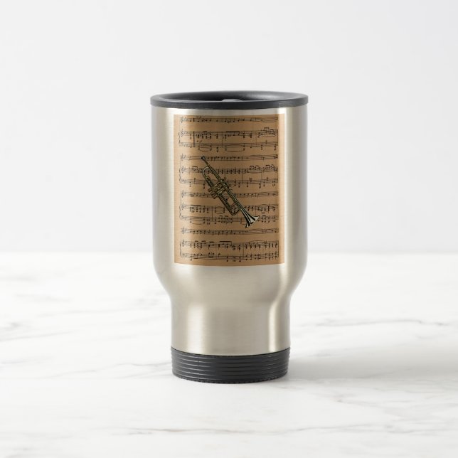 Trumpet With Sheet Music Background Travel Mug (Center)