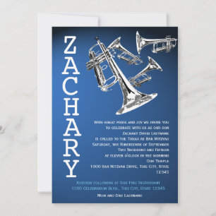 Trumpets Music Dark Blue Bar Mitzvah Invitation