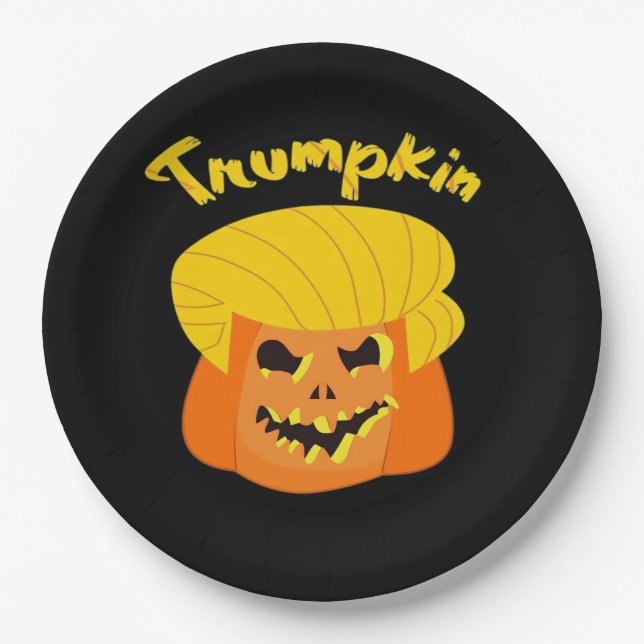 Trumpkin Pumpkin Halloween Design – Retro Slogan  Paper Plate (Front)