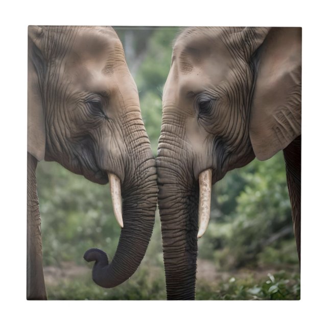 "Trunk to Trunk: A Gentle Elephant Embrace"  Tile (Front)
