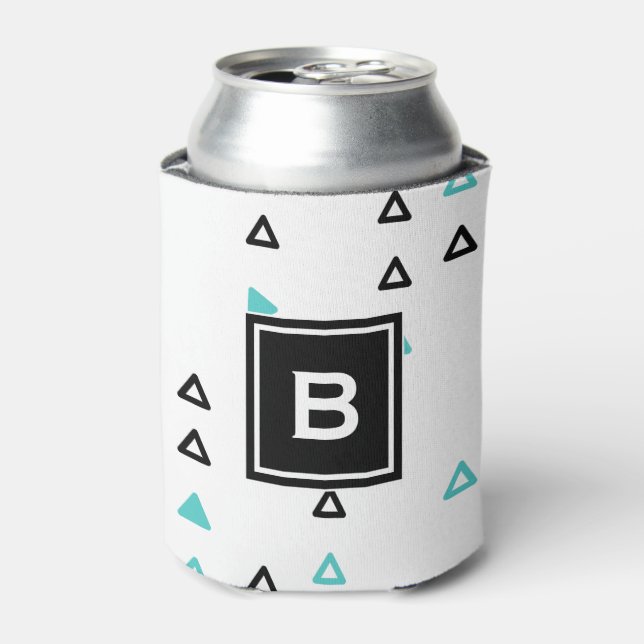 Truquoise & Black Triangles Pattern Monogram Can Cooler (Can Front)