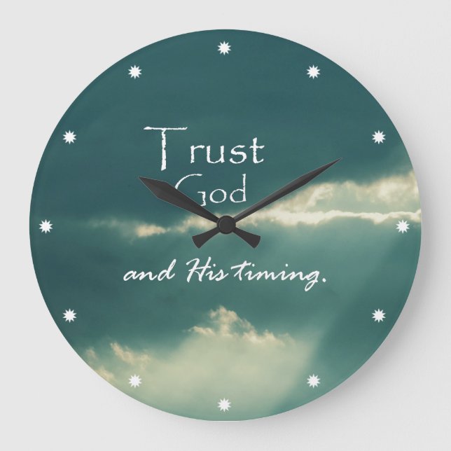 Trust God's Timing Quote with Sunbeams Large Clock (Front)