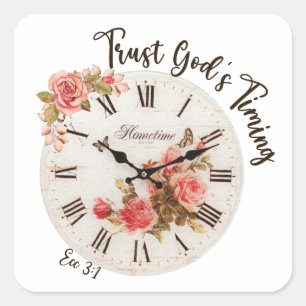 Trust God's Timing Vintage Clockface and Roses Square Sticker