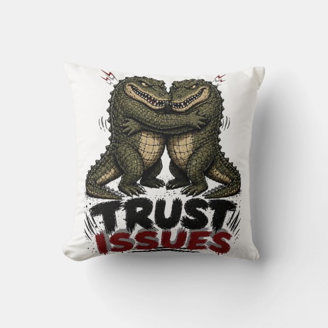 Trust Issues Grumpy Crocodile Illustration Throw Pillow (Front)