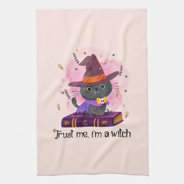 Trust Me I'm A Witch – Witch Cat on Magic Book Kitchen Towel (Vertical)