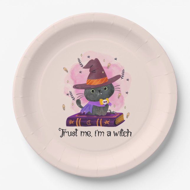 Trust Me I'm A Witch – Witch Cat on Magic Book Paper Plate (Front)