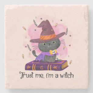 Trust Me I'm A Witch – Witch Cat on Magic Book Stone Coaster