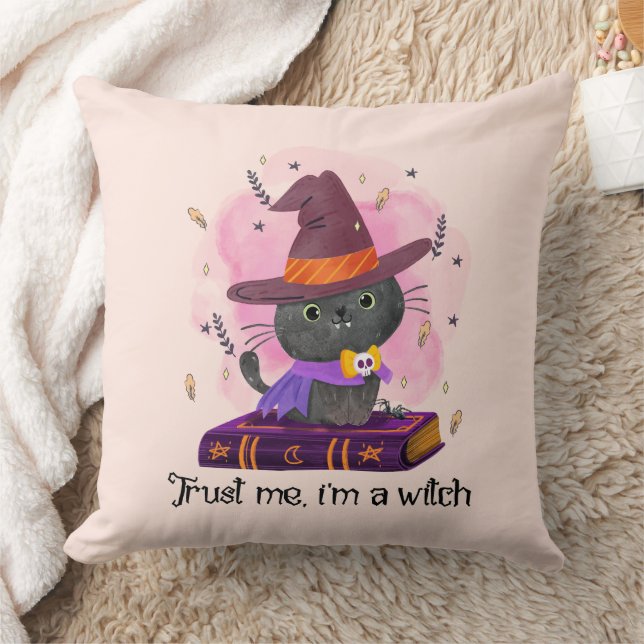 Trust Me I'm A Witch – Witch Cat on Magic Book Throw Pillow (Blanket)