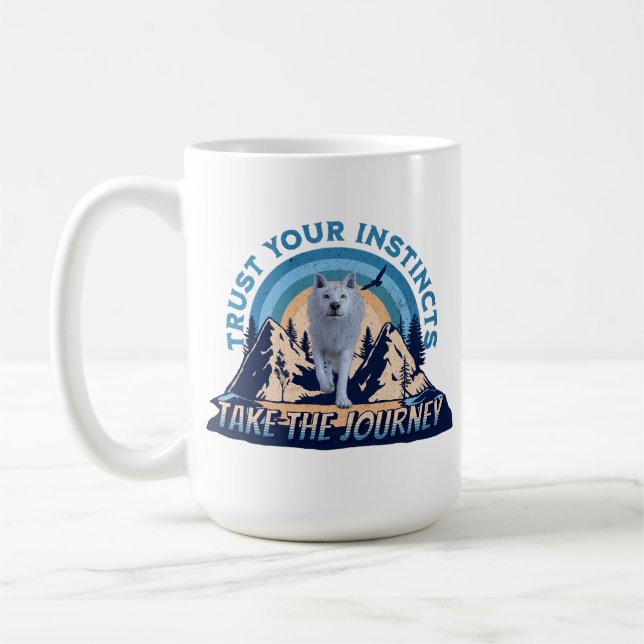Trust Your Instincts Arctic Wolf Adventure Art Coffee Mug (Left)
